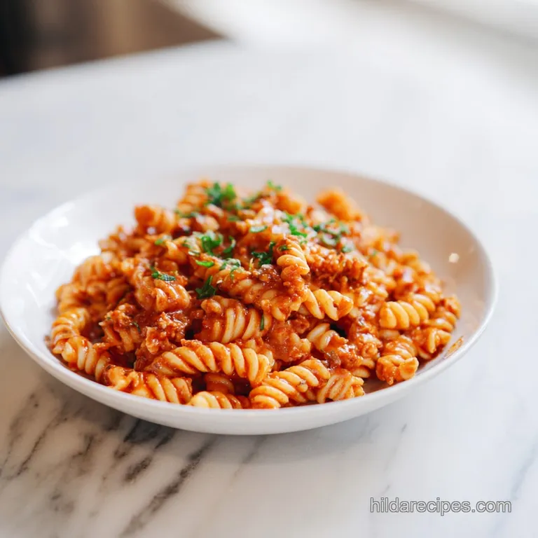 Close-up of plated Johnny Marzetti: Steaming egg noodles coated in savory meat sauce, topped with a generous layer of bubb...