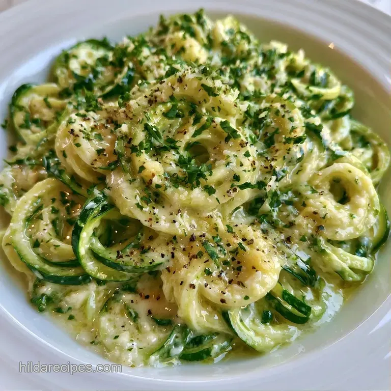 Swirls of bright green zucchini noodles topped with melted butter and toasted pine nuts on a matte black ceramic plate.