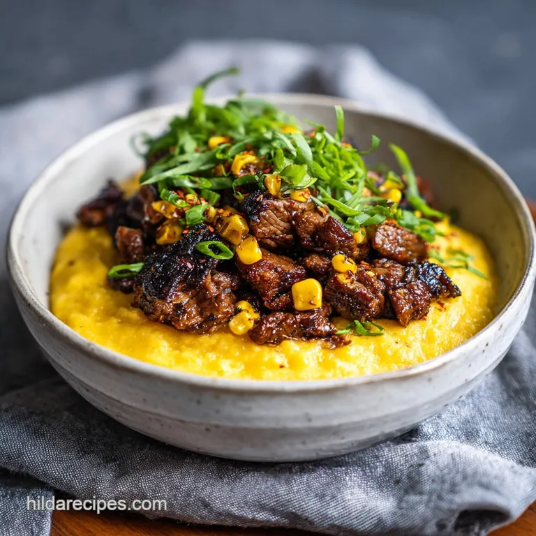 Perfectly plated Korean BBQ bowl; tender beef glistens beside fluffy rice, colorful vegetables, and a swirl of creamy, tem...