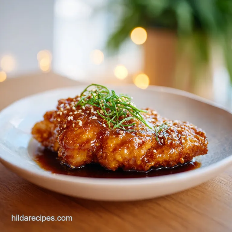 Perfectly seared Korean chicken breast slices, artfully arranged with a drizzle of sauce, showcasing a caramelized, textur...