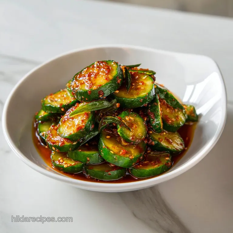 A mound of crisp, bright green cucumber salad artfully arranged with a sprinkle of black sesame seeds.