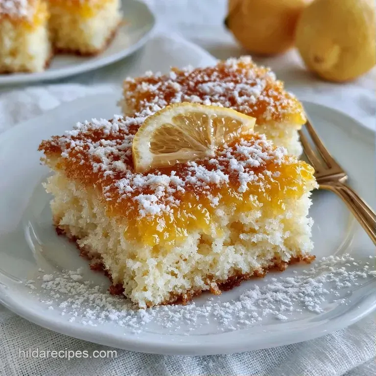 A neat square of vibrant yellow custard atop a fluffy white base, garnished with a fresh mint leaf and berry.