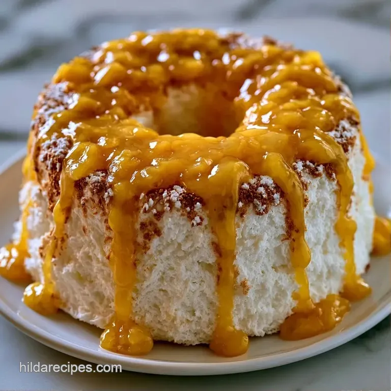 A slice of airy white cake topped with vibrant yellow curd on a ceramic plate, garnished with fresh mint.