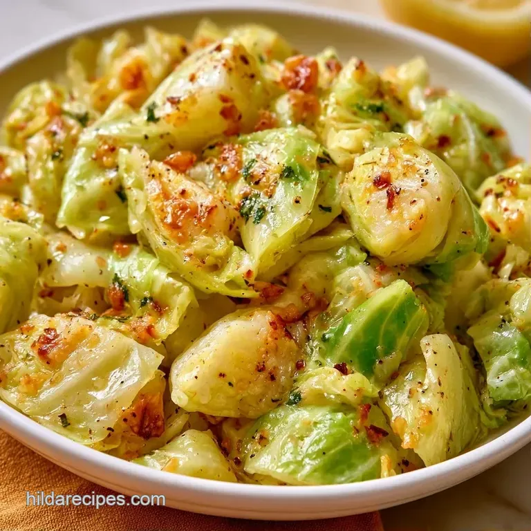 Soft pale green cabbage wedges arranged with bright lemon wheels and toasted garlic on a dark slate plate.