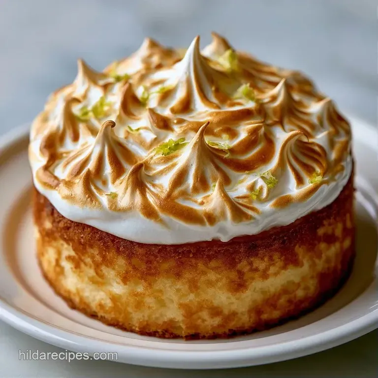 A slice of fluffy white cake topped with golden meringue swirls and a pool of glossy lemon curd on a ceramic plate.