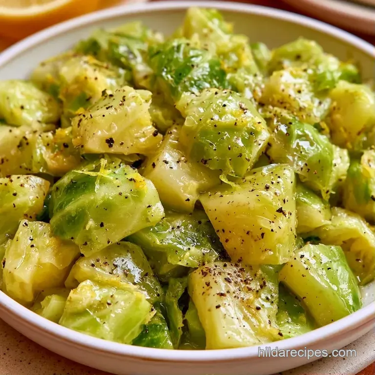 Bright green cabbage leaves piled high on a white plate, accented by thin lemon wheels and coarse black pepper.