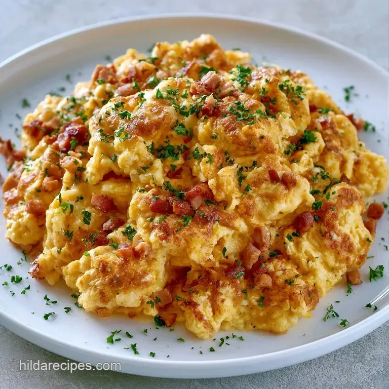 Fluffy scrambled eggs topped with melted cheese and fresh chives, served on a white ceramic plate with toasted sourdough.