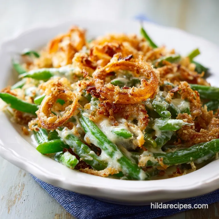 A comforting scoop of creamy green bean casserole garnished with crunchy bacon pieces, beautifully plated.