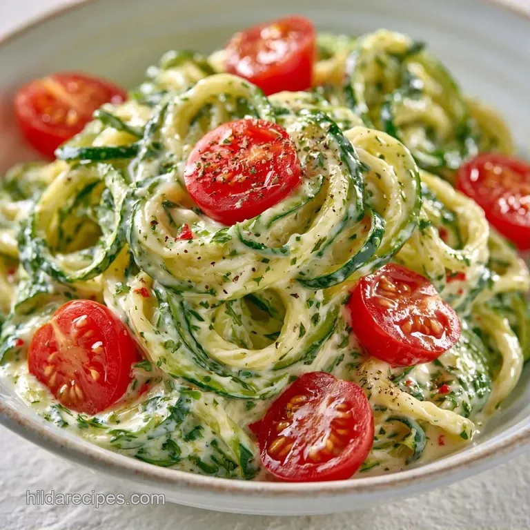 A white ceramic bowl filled with spiraled green vegetables, topped with shaved cheese and a sprig of fresh basil.