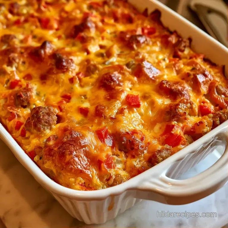 Neat square of baked egg casserole on a white plate, showing golden cheddar crust, red-flecked custard and soft bread cubes