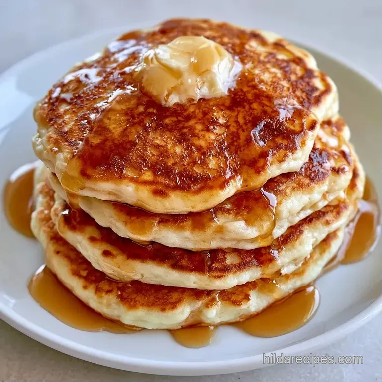 White ceramic plate with a stack of pancakes, fresh blueberries, and a side of maple syrup in a small glass bowl.