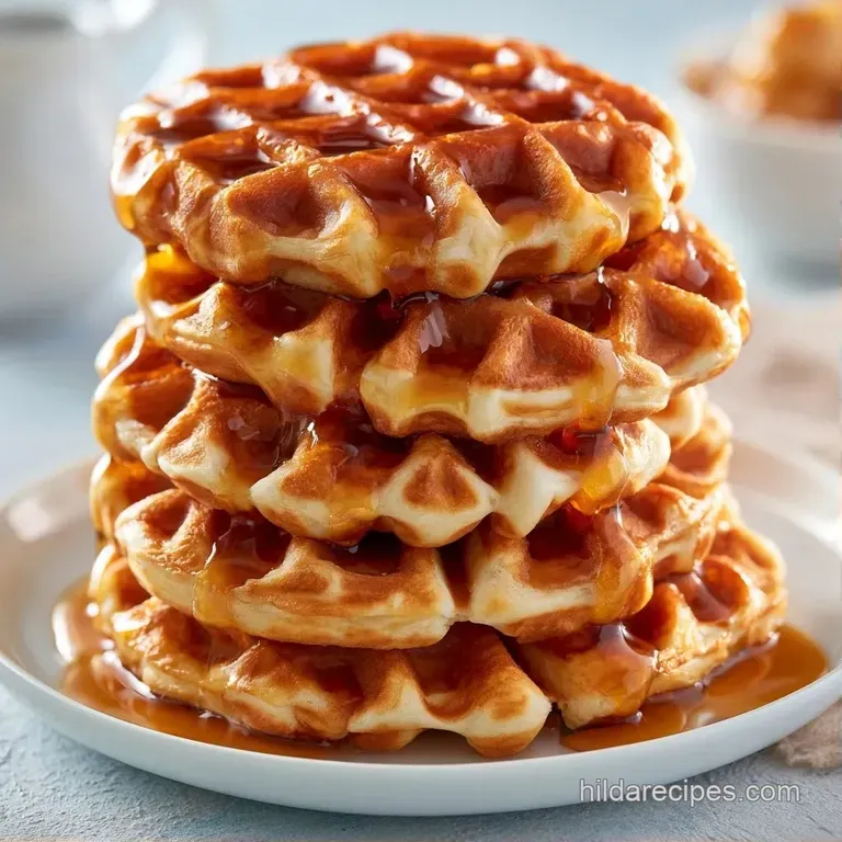 Golden-brown waffles stacked on a rustic plate, drizzled with amber syrup and topped with a melting knob of butter.