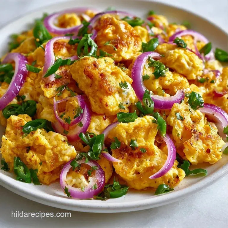 Vibrant yellow scrambled eggs served in a white bowl with fresh coriander sprigs and toasted buttered sourdough toast.