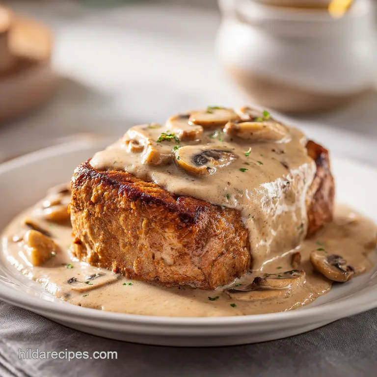 Slice of moist meatloaf drenched in savory mushroom gravy, plated elegantly with creamy mashed potatoes and green beans.