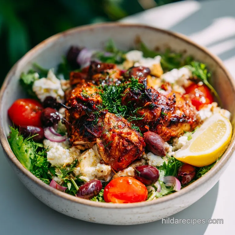 A beautifully plated Mediterranean chicken bowl featuring juicy chicken, bright veggies, and a swirl of creamy sauce for a...
