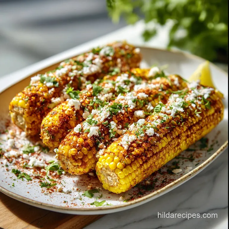 Elegant Mexican street corn: charred kernels glisten under creamy sauce, bright herbs, and cheese, artfully arranged on a ...
