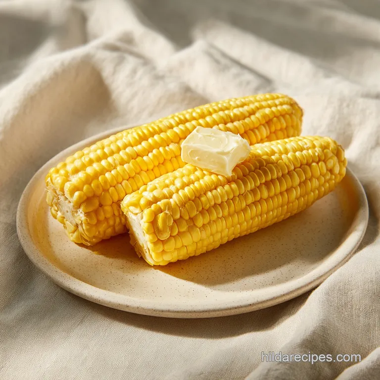 Steaming hot corn on the cob, plated simply with a pat of melting butter and a sprinkle of fresh herbs, ready to eat.