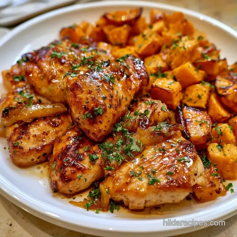 Neatly plated glazed chicken and roasted sweet potatoes with a sprinkle of sesame seeds on a minimalist white dish.