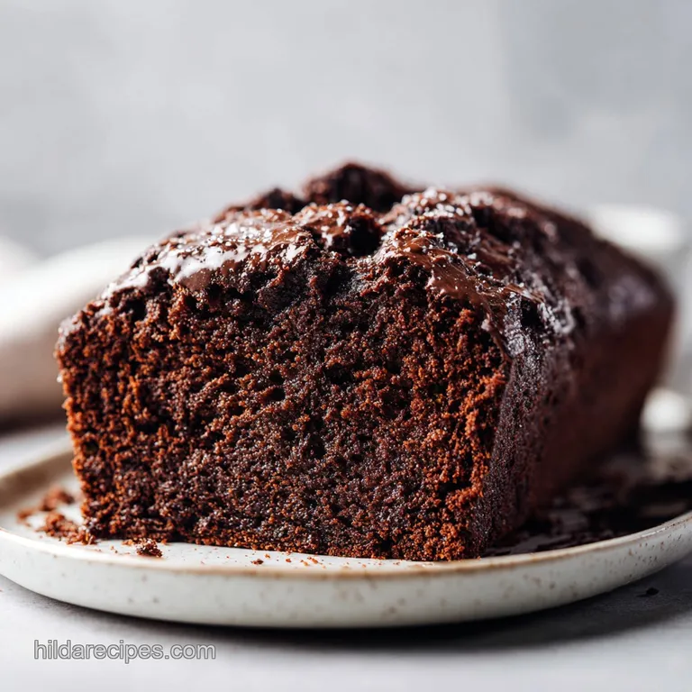 Slice of rich, dark zucchini bread on a white plate, powdered sugar dusting. Visible zucchini specks and moist, appealing ...