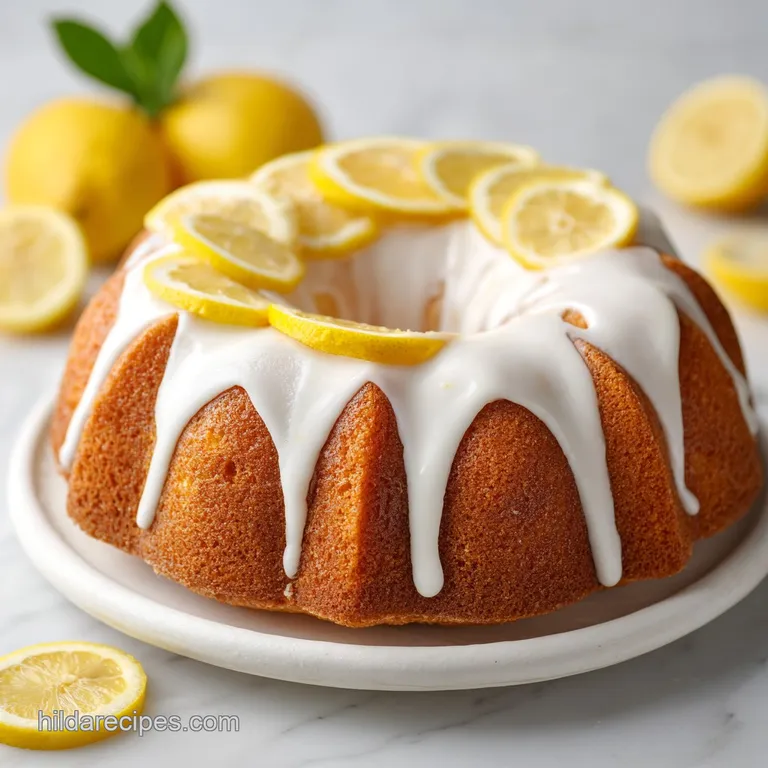 Slice of moist lemon cake with glossy glaze, artfully arranged with fresh berries.
