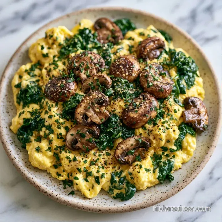 Artfully plated soft scrambled eggs and earthy mushrooms garnished with microgreens on a minimalist grey platter.