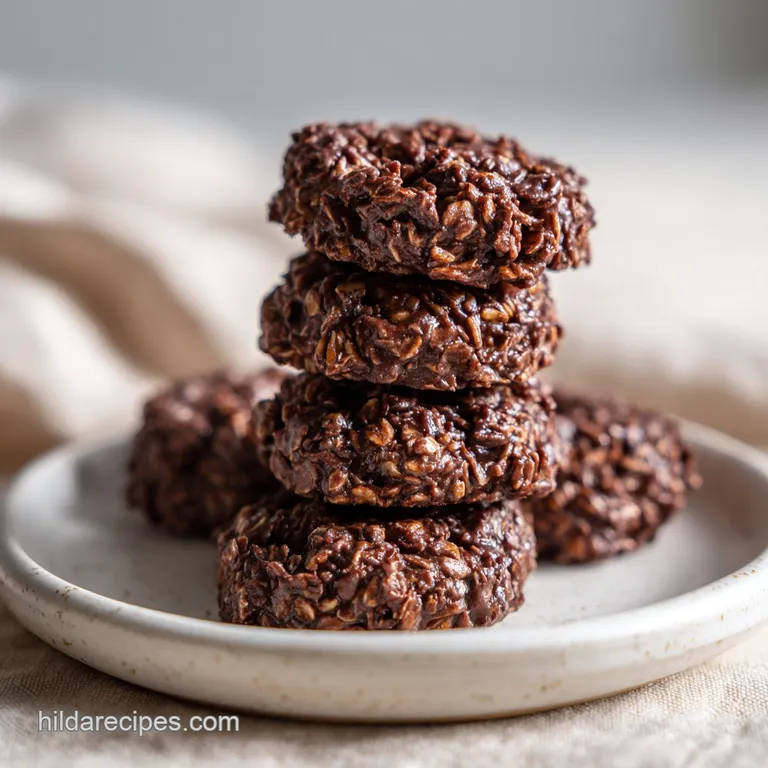 Pile of fudgy no-bake cookies on a white plate. The rich chocolate color contrasts nicely with the clean backdrop. Ready t...
