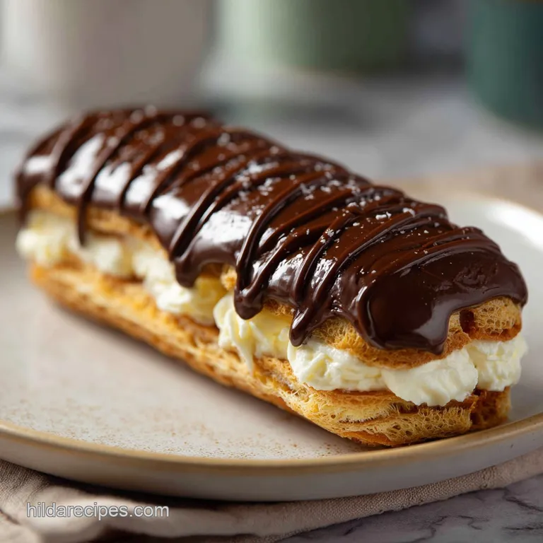 Slice of chocolate eclair cake elegantly plated. Whipped cream peaks, dark chocolate drizzle, and visible graham cracker l...
