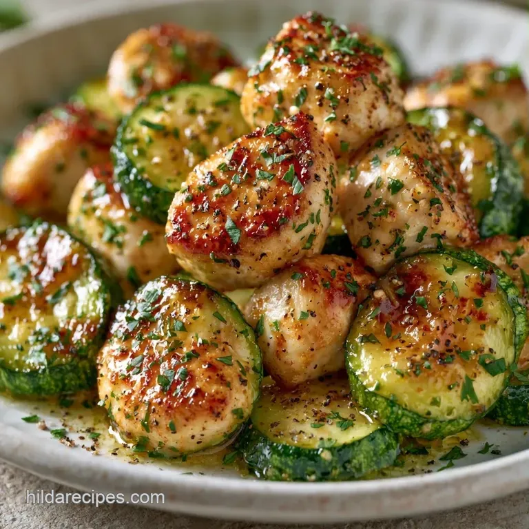 A square slice of cheesy baked chicken and zucchini on a white plate, garnished with fresh green parsley.