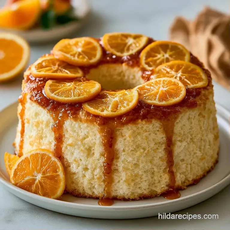 A slice of fluffy white cake topped with a dollop of whipped cream and a thin curl of orange zest on a ceramic plate.