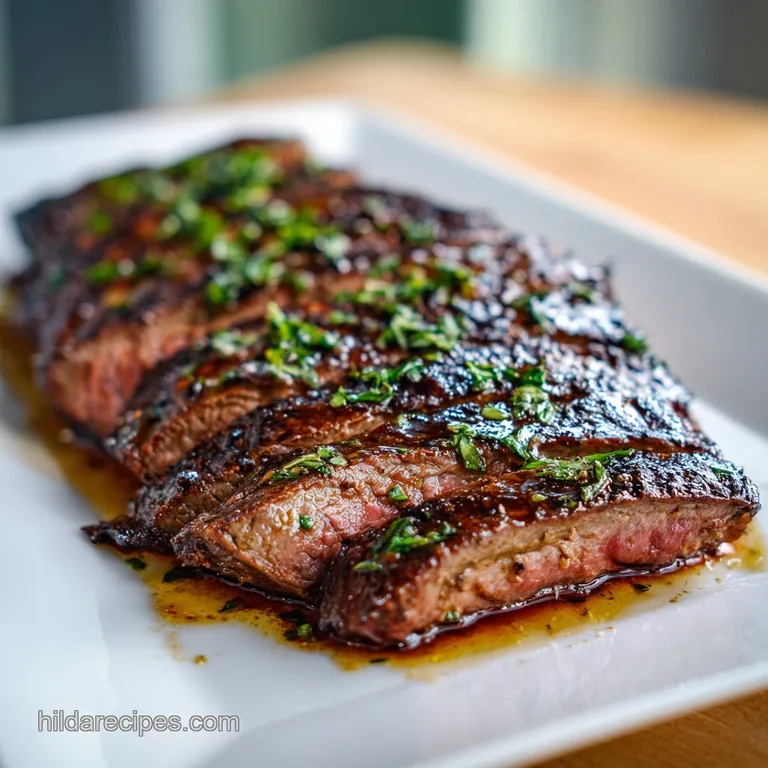 Perfectly sliced flank steak on a white plate. Herb sprigs and garlic cloves accent its rich, savory brown crust and juicy...