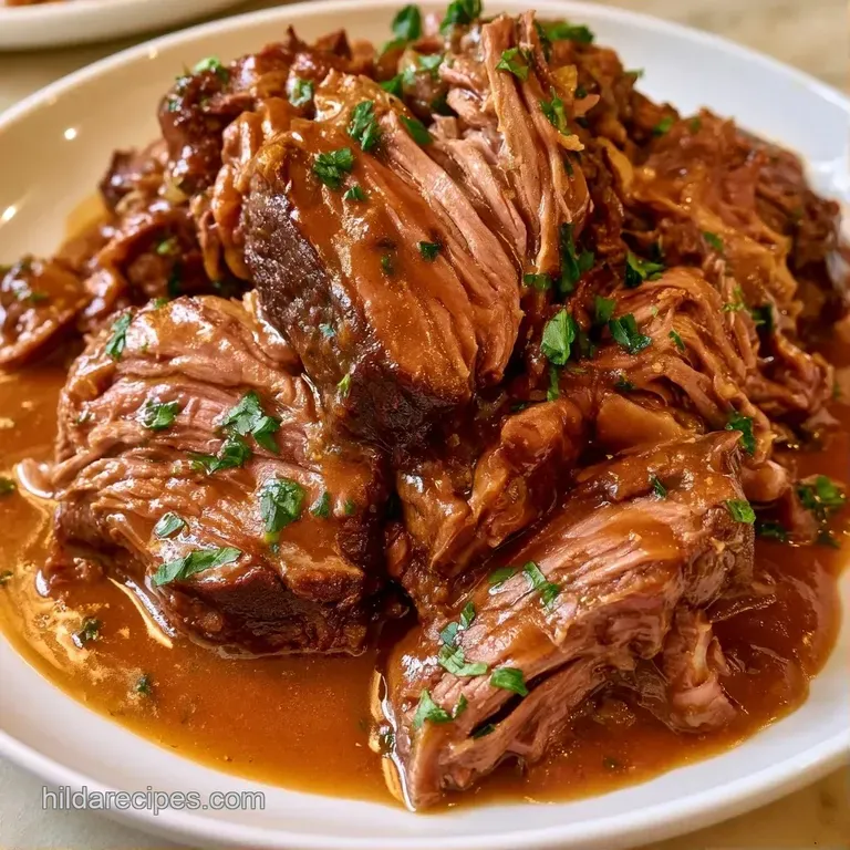Slices of juicy slow-cooked beef layered over creamy mashed potatoes with a drizzle of dark, savory reduction.
