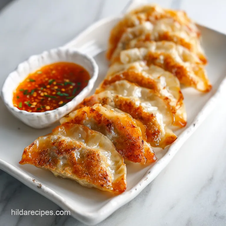 Potsticker dipping sauce in a delicate glass dish; golden potstickers slightly blurred in the background suggest savory de...