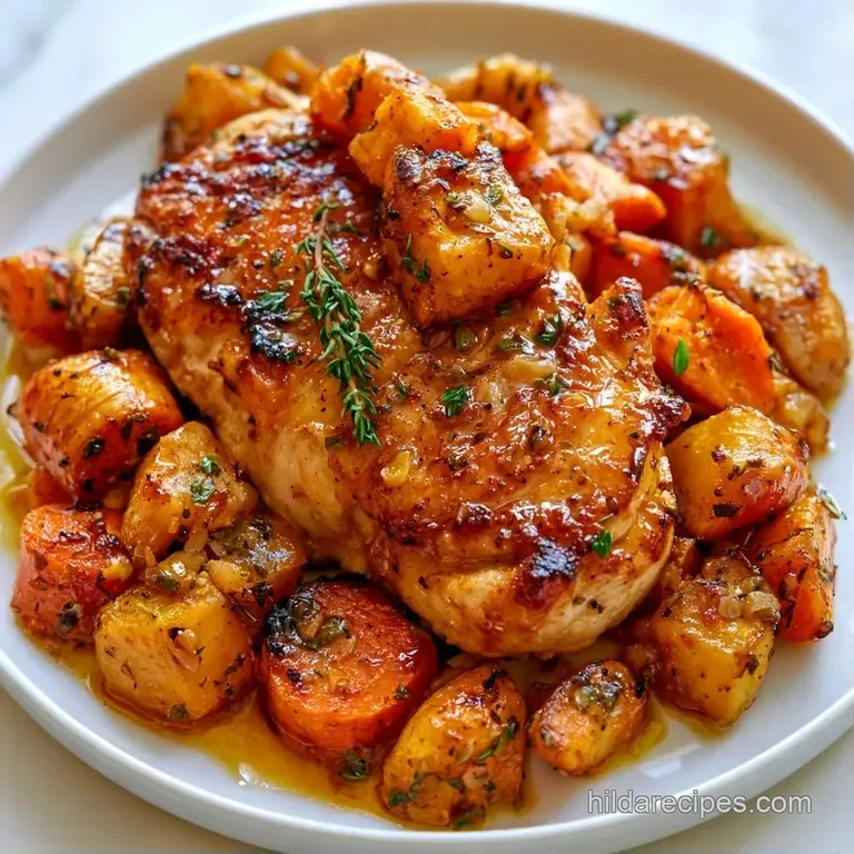 Slices of seared chicken breast atop creamy mashed potatoes with a glossy brown gravy drizzle and fresh thyme.