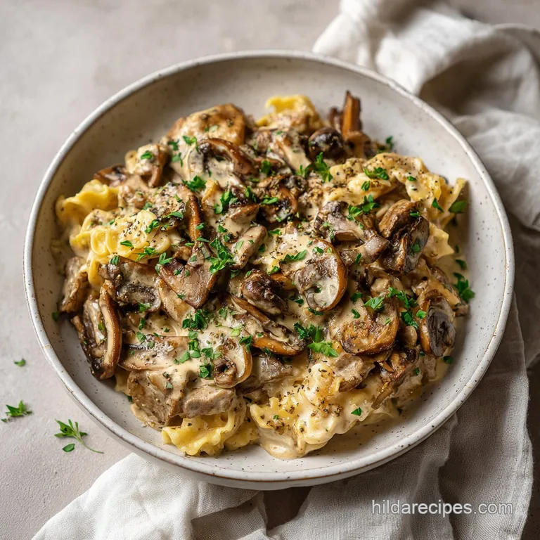 Elegant plate of beef stroganoff. Tender beef shines in the creamy sauce, garnished artfully with herbs and a swirl of sou...