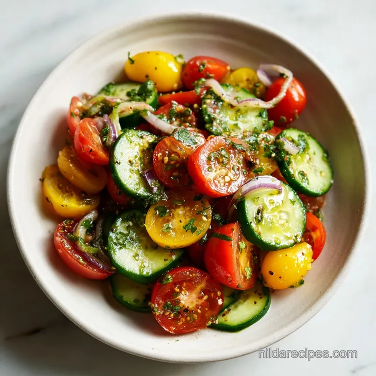 Plated cucumber tomato salad. Bright red tomatoes and crisp cucumbers are drizzled in a light vinaigrette. Fresh!