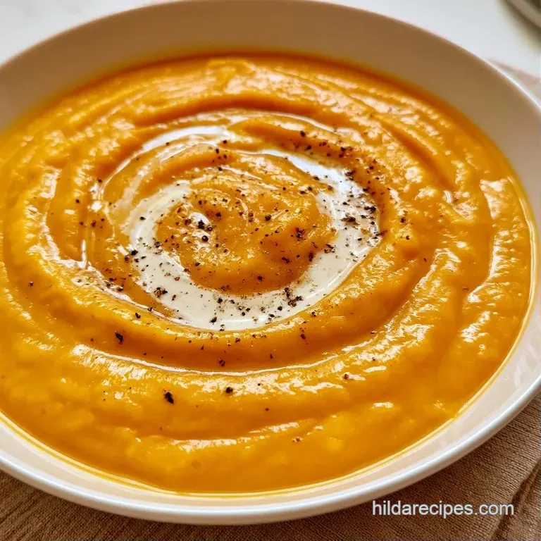 Elegant white ceramic bowl filled with velvety orange soup, drizzled with cream and a sprig of fresh thyme.