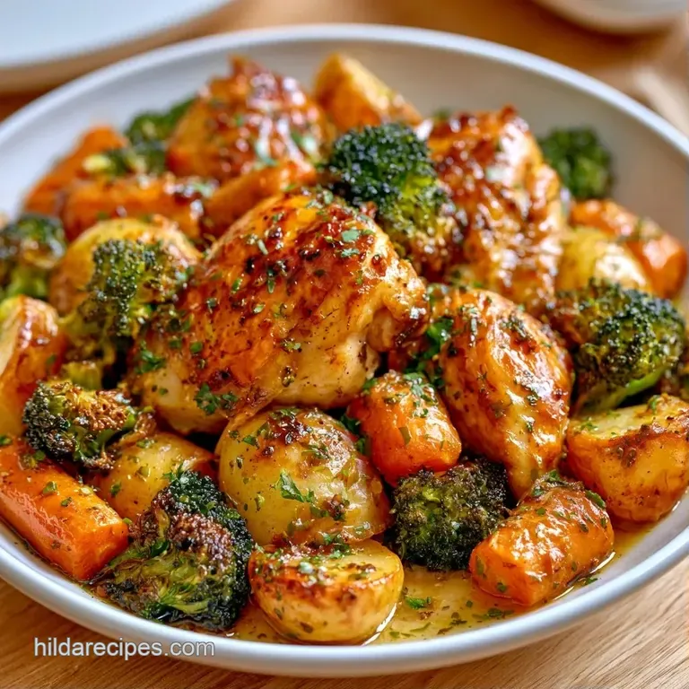 A juicy chicken thigh with crispy skin paired with colorful roasted root vegetables on a clean white ceramic plate.