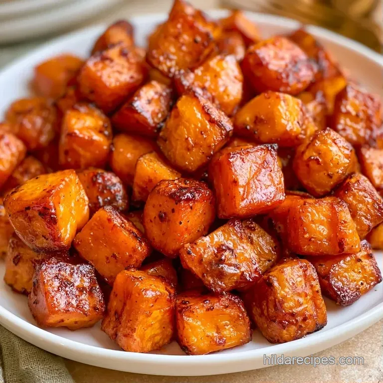 Neatly piled golden-orange potato cubes garnished with chopped chives on a modern white porcelain dinner plate.