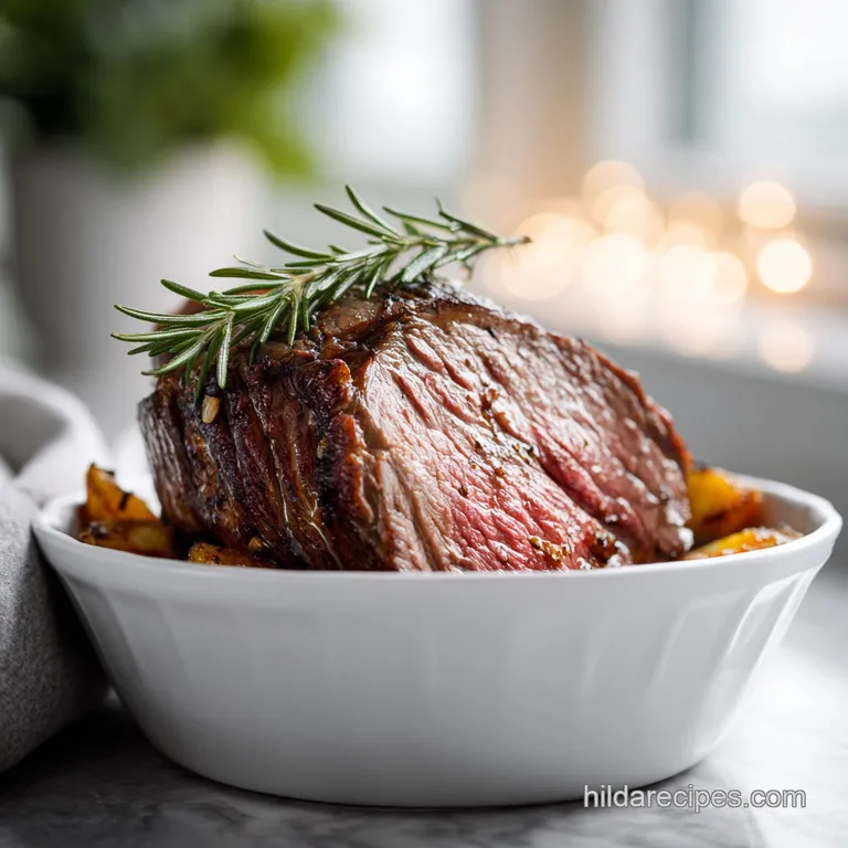 Elegant plate of sliced, tender roast beef drizzled with rich pan juices and fresh rosemary sprigs.