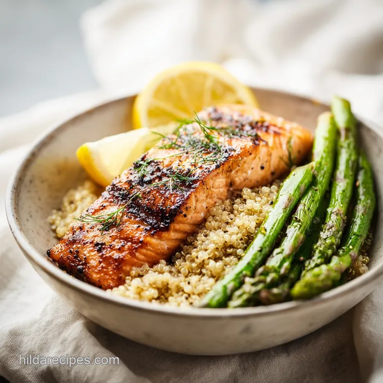 Perfectly grilled salmon fillet atop vibrant green asparagus spears, garnished with lemon. A healthy, elegant, and balance...