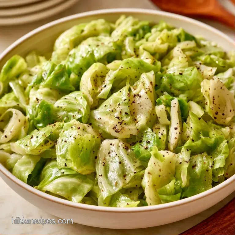 A mound of tender, pale green cabbage leaves on a white plate, accented by sparkling salt and dark pepper grains.