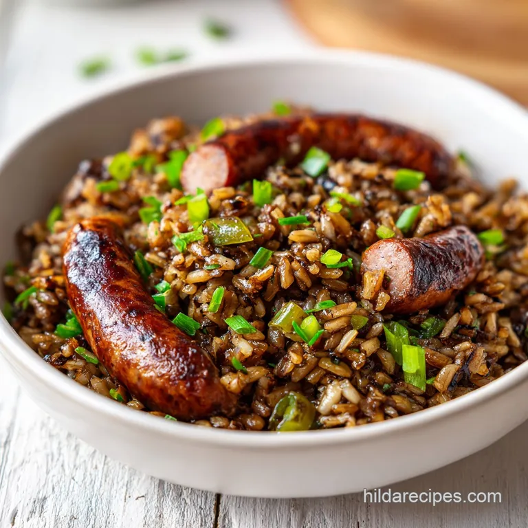A mound of seasoned brown rice and legumes in a ceramic bowl, garnished with seared meat and chopped green onions.