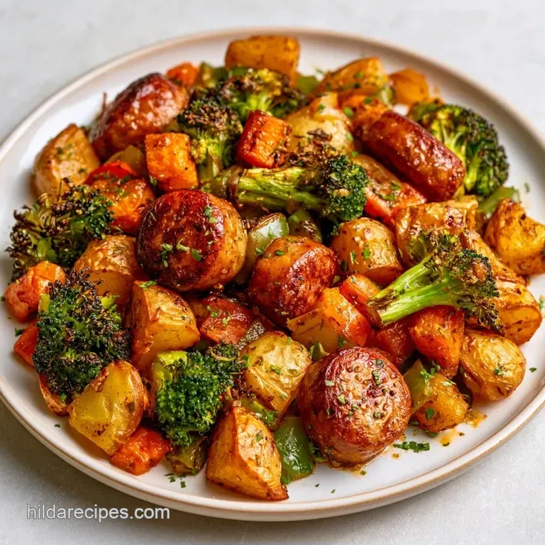 Sliced browned sausage and rainbow roasted vegetables artfully arranged on a white ceramic plate with fresh parsley.