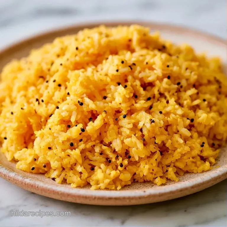 Vibrant yellow flattened rice served on a white plate with a wedge of lemon and a sprinkle of fresh green coriander.
