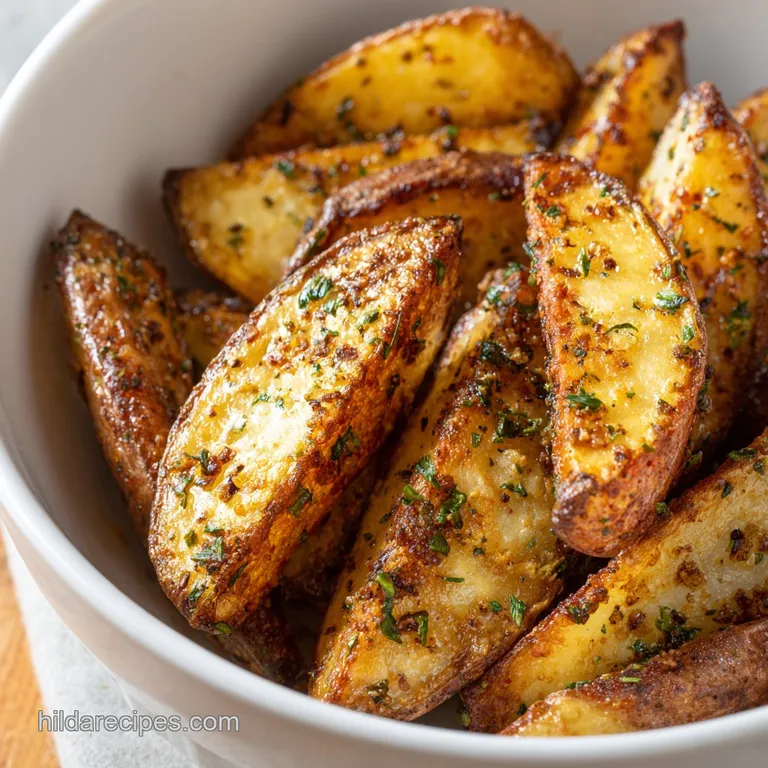 Pile of baked potato wedges on a white plate with dipping sauce. Rustic presentation with sea salt. Slightly charred bits.