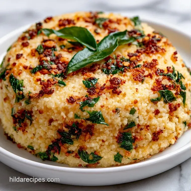 A steaming portion of savory grains served in a white bowl, garnished with fresh cilantro and crisp curry leaves.