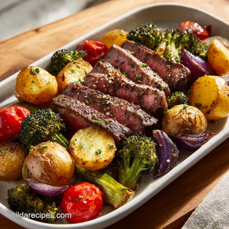 A colorful medley of tender steak slices and perfectly roasted vegetables artfully arranged on a white plate.