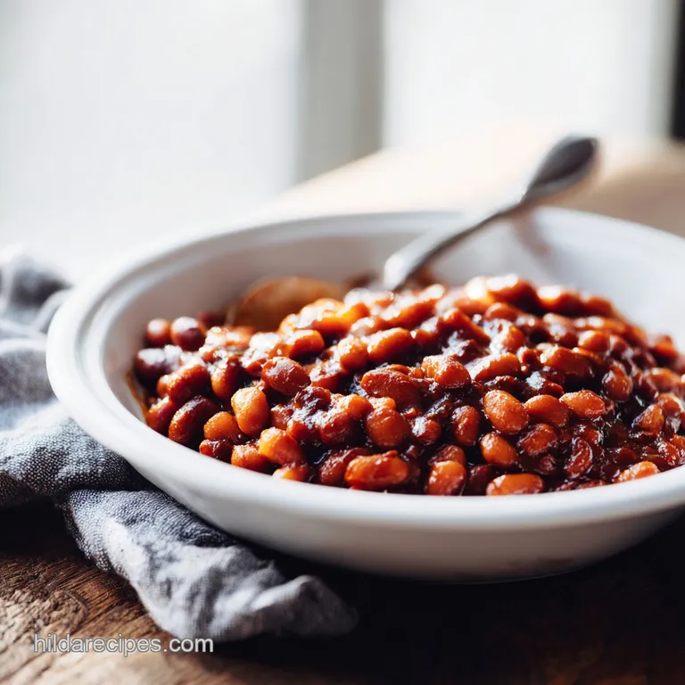 A rustic stoneware crock brimming with glossy, slow-cooked beans, garnished with fresh parsley sprigs.