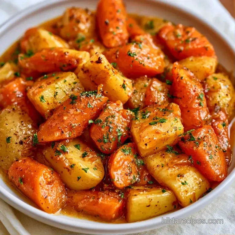 A rustic ceramic bowl filled with colorful root vegetables, topped with a dollop of cream and fresh chopped parsley.
