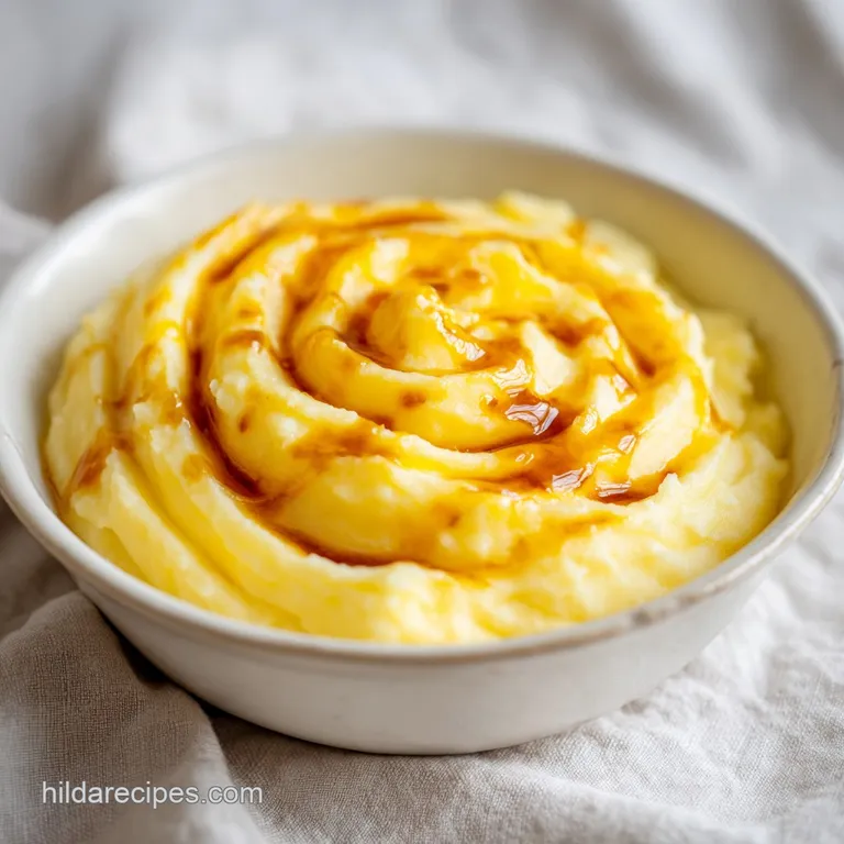 Elegantly plated scoop of velvety, golden-hued mashed potatoes topped with melting butter and fresh green herbs.